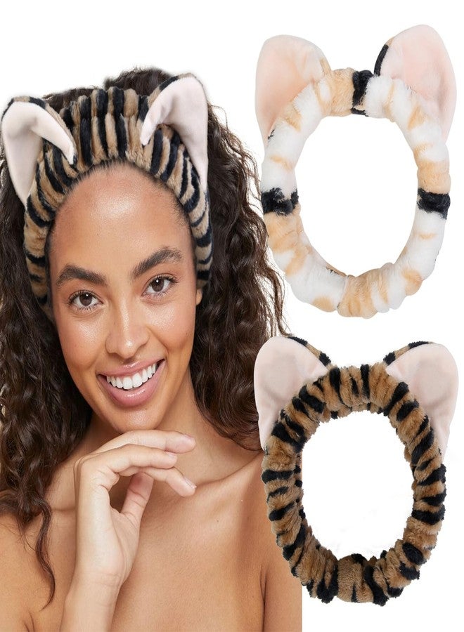 TEBIEKOY Plush Cat Ears Spa Headband For Washing Face Skincare Makeup, Elastic Animal Headbands for Women Girls Soft Coral Fleece Facial Wash Hair Accessories Trendy Stuff Gifts, 2PCS - Image 1